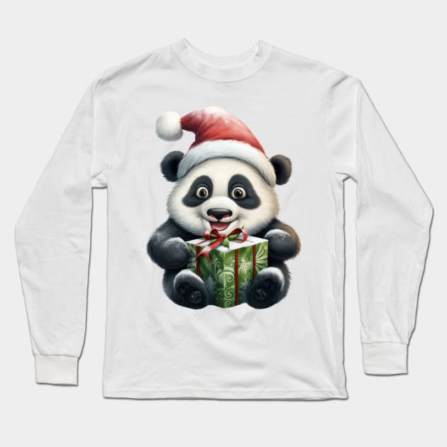 Baby Christmas Panda Bear With Gift Long Sleeve T-Shirt by Chromatic Fusion Studio